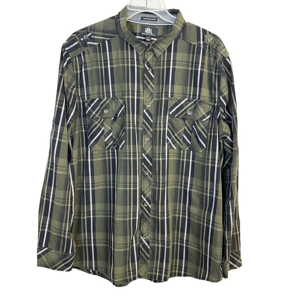 Rock & Republic Plaid Button Down Shirt XXL Green Black Utility‎ Casual
